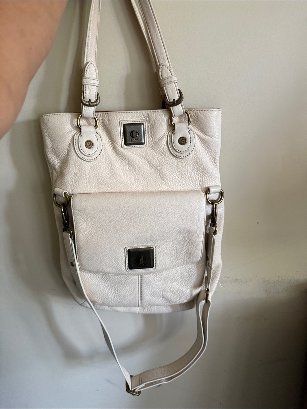 DKNY Cream Leather Shoulder Bag with Front Flap Pocket